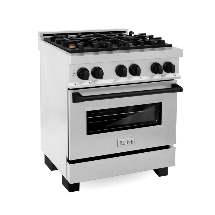ZLINE 30" Autograph Edition Dual Fuel Range in DuraSnow® Stainless Steel with Matte Black Accents, RASZ-SN-30-MB ZLINE Dreamwood Living