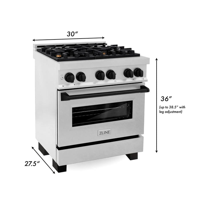 ZLINE 30" Autograph Edition Dual Fuel Range in DuraSnow® Stainless Steel with Matte Black Accents, RASZ-SN-30-MB ZLINE Dreamwood Living