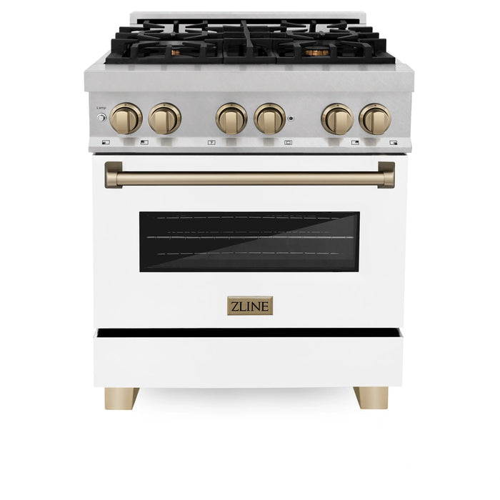 ZLINE 30" Autograph Edition Dual Fuel Range in DuraSnow® Stainless Steel with White Matte Door and Champagne Bronze Accents, RASZ-WM-30-CB ZLINE Dreamwood Living