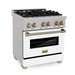 ZLINE 30" Autograph Edition Dual Fuel Range in DuraSnow® Stainless Steel with White Matte Door and Champagne Bronze Accents, RASZ-WM-30-CB ZLINE Dreamwood Living