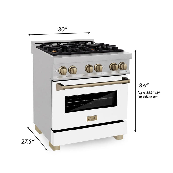 ZLINE 30" Autograph Edition Dual Fuel Range in DuraSnow® Stainless Steel with White Matte Door and Champagne Bronze Accents, RASZ-WM-30-CB ZLINE Dreamwood Living