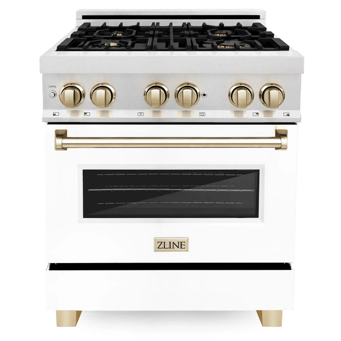 ZLINE 30" Autograph Edition Dual Fuel Range in DuraSnow® Stainless Steel with White Matte Door and Gold Accents, RASZ-WM-30-G ZLINE Dreamwood Living