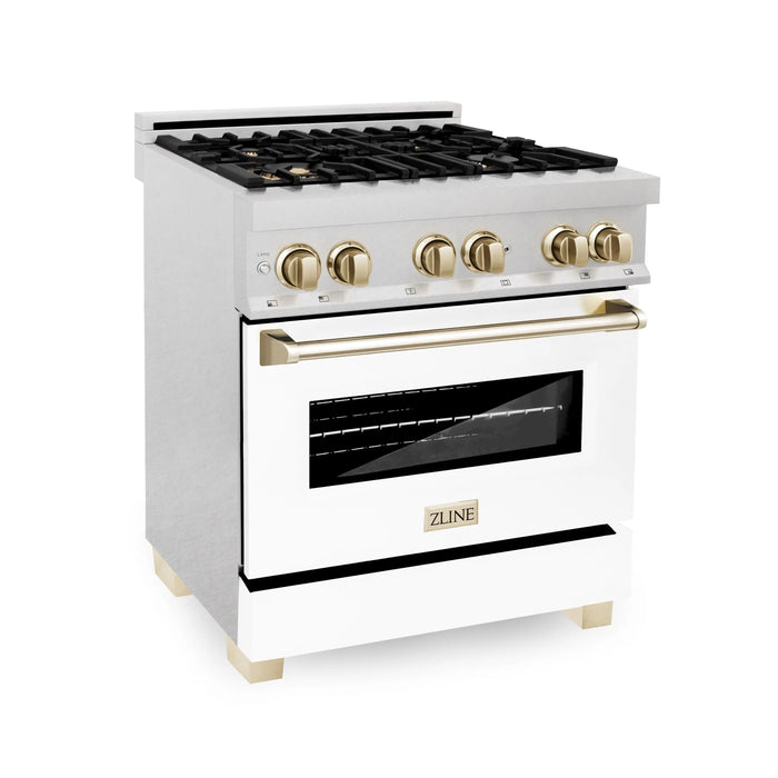 ZLINE 30" Autograph Edition Dual Fuel Range in DuraSnow® Stainless Steel with White Matte Door and Gold Accents, RASZ-WM-30-G ZLINE Dreamwood Living