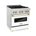 ZLINE 30" Autograph Edition Dual Fuel Range in DuraSnow® Stainless Steel with White Matte Door and Gold Accents, RASZ-WM-30-G ZLINE Dreamwood Living