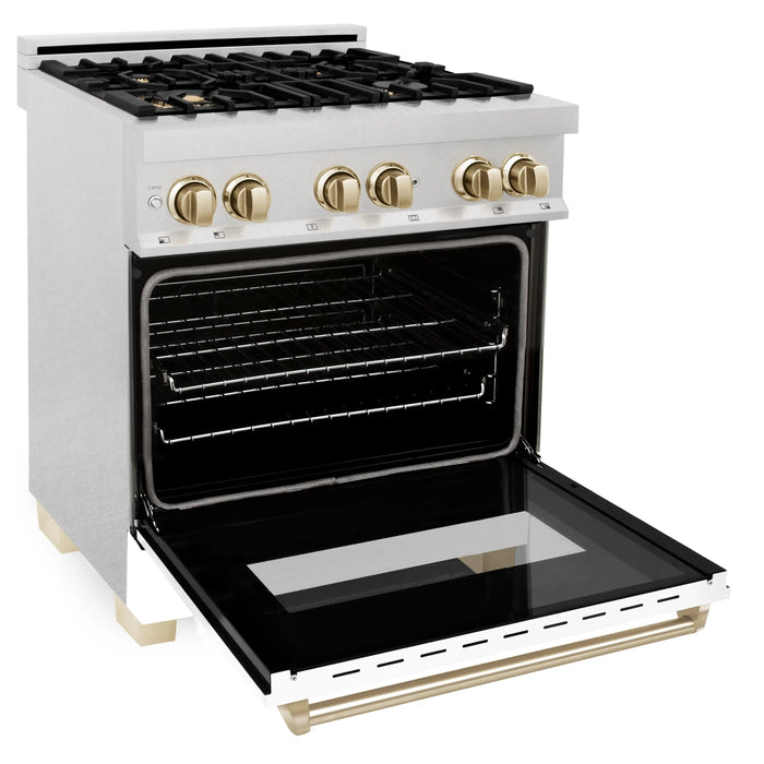 ZLINE 30" Autograph Edition Dual Fuel Range in DuraSnow® Stainless Steel with White Matte Door and Gold Accents, RASZ-WM-30-G ZLINE Dreamwood Living
