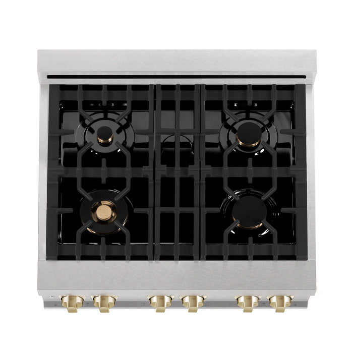 ZLINE 30" Autograph Edition Dual Fuel Range in DuraSnow® Stainless Steel with White Matte Door and Gold Accents, RASZ-WM-30-G ZLINE Dreamwood Living