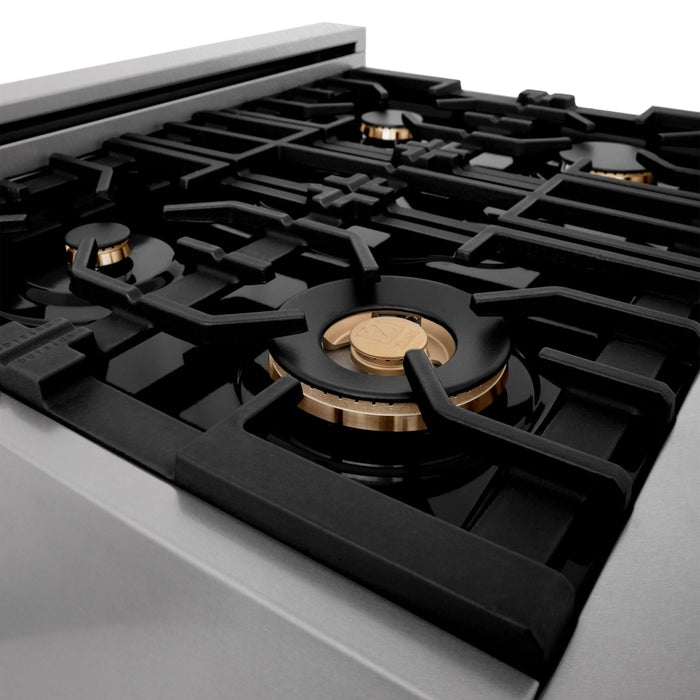 ZLINE 30" Autograph Edition Dual Fuel Range in DuraSnow® Stainless Steel with White Matte Door and Gold Accents, RASZ-WM-30-G ZLINE Dreamwood Living