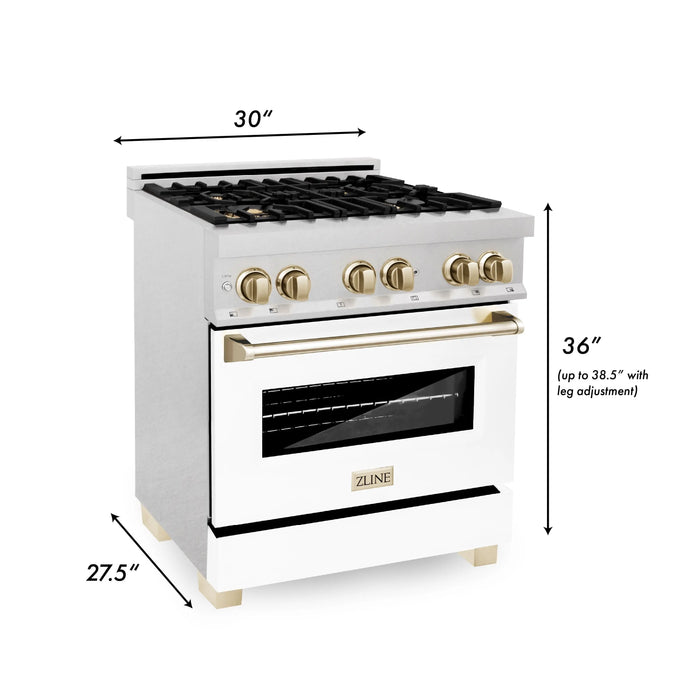 ZLINE 30" Autograph Edition Dual Fuel Range in DuraSnow® Stainless Steel with White Matte Door and Gold Accents, RASZ-WM-30-G ZLINE Dreamwood Living