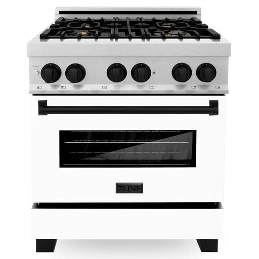ZLINE 30" Autograph Edition Dual Fuel Range in DuraSnow® Stainless Steel with White Matte Door and Matte Black Accents, RASZ-WM-30-MB ZLINE Dreamwood Living