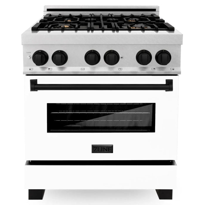 ZLINE 30" Autograph Edition Dual Fuel Range in DuraSnow® Stainless Steel with White Matte Door and Matte Black Accents, RASZ-WM-30-MB ZLINE Dreamwood Living