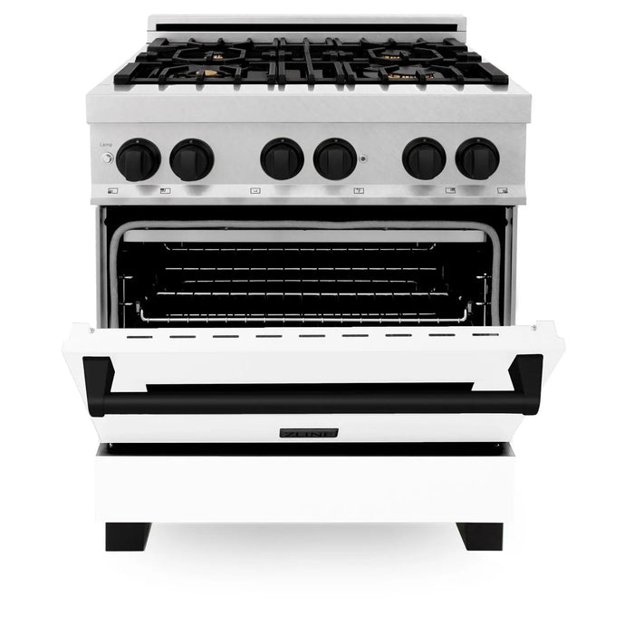 ZLINE 30" Autograph Edition Dual Fuel Range in DuraSnow® Stainless Steel with White Matte Door and Matte Black Accents, RASZ-WM-30-MB ZLINE Dreamwood Living