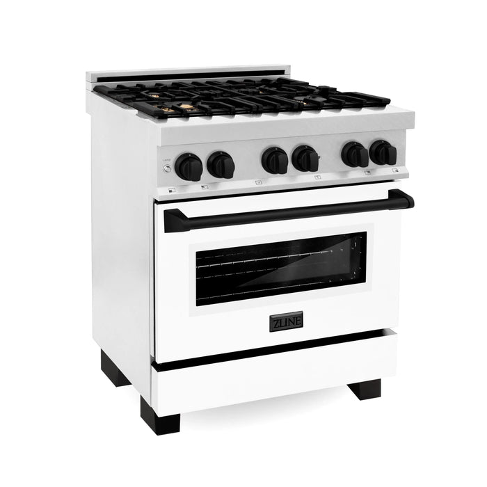 ZLINE 30" Autograph Edition Dual Fuel Range in DuraSnow® Stainless Steel with White Matte Door and Matte Black Accents, RASZ-WM-30-MB ZLINE Dreamwood Living