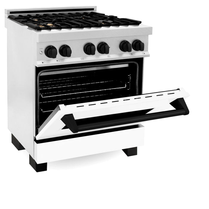 ZLINE 30" Autograph Edition Dual Fuel Range in DuraSnow® Stainless Steel with White Matte Door and Matte Black Accents, RASZ-WM-30-MB ZLINE Dreamwood Living