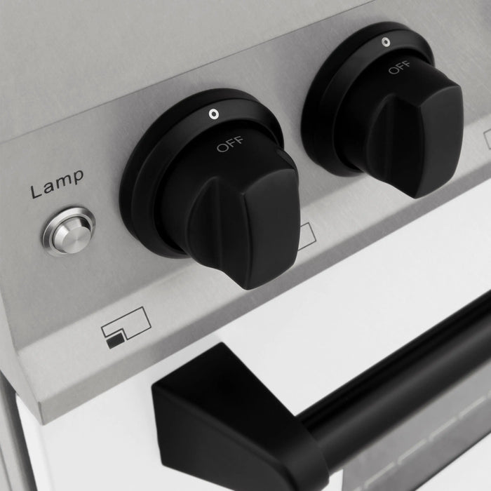 ZLINE 30" Autograph Edition Dual Fuel Range in DuraSnow® Stainless Steel with White Matte Door and Matte Black Accents, RASZ-WM-30-MB ZLINE Dreamwood Living