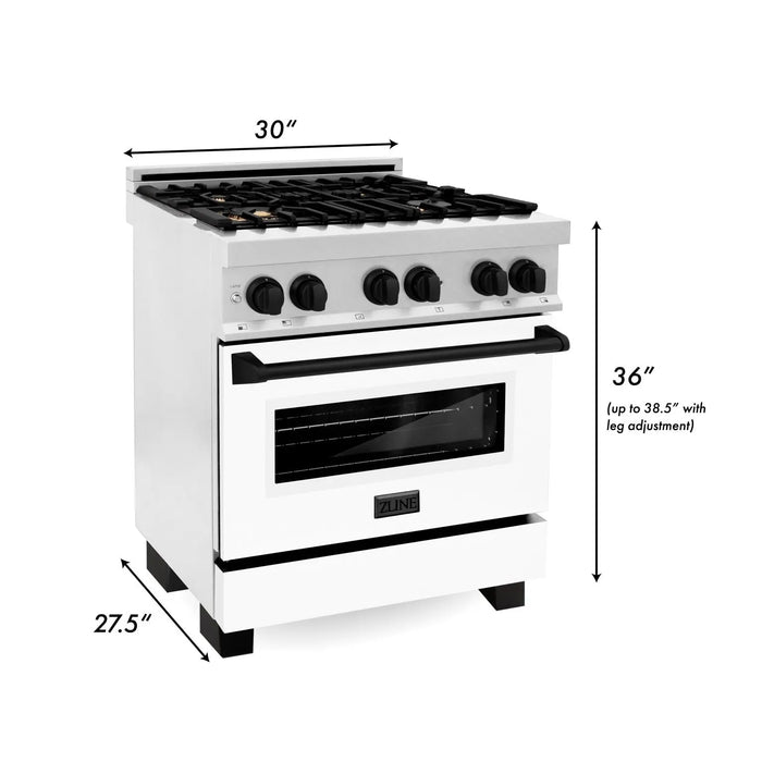 ZLINE 30" Autograph Edition Dual Fuel Range in DuraSnow® Stainless Steel with White Matte Door and Matte Black Accents, RASZ-WM-30-MB ZLINE Dreamwood Living