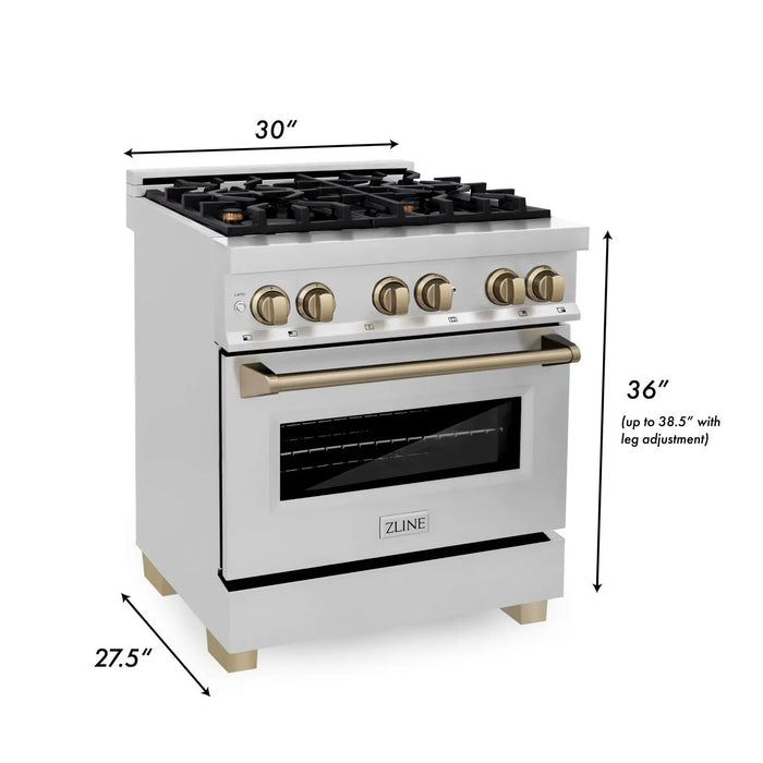 ZLINE 30" Autograph Edition Dual Fuel Range in Stainless Steel with Champagne Bronze Accents, RAZ-30-CB ZLINE