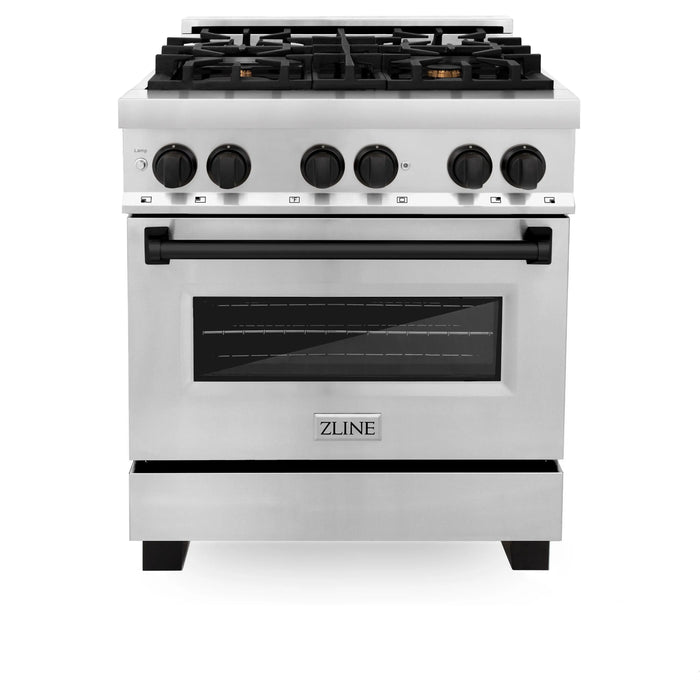 ZLINE 30" Autograph Edition Dual Fuel Range in Stainless Steel with Matte Black Accents, RAZ-30-MB ZLINE Dreamwood Living