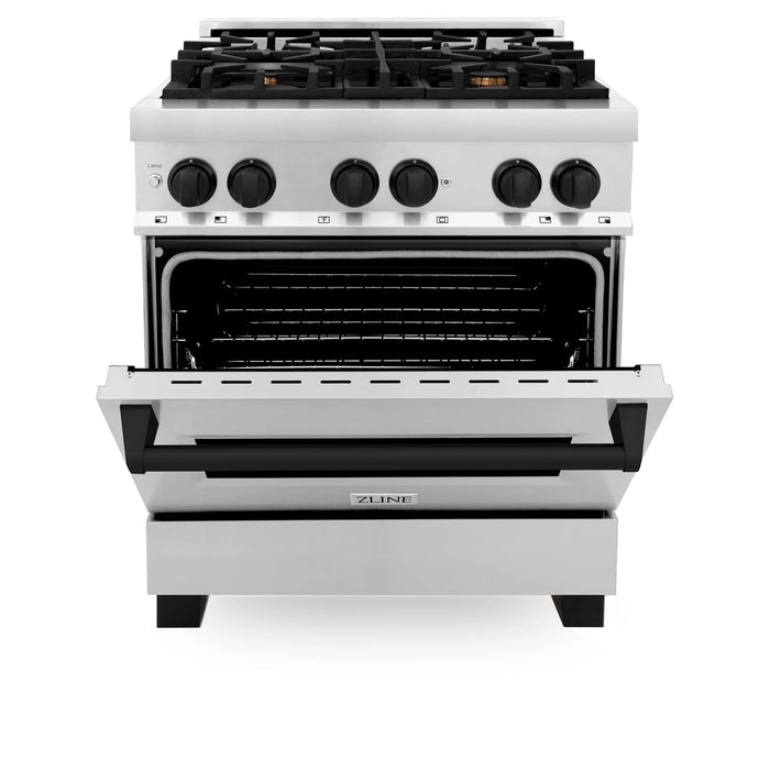 ZLINE 30" Autograph Edition Dual Fuel Range in Stainless Steel with Matte Black Accents, RAZ-30-MB ZLINE Dreamwood Living
