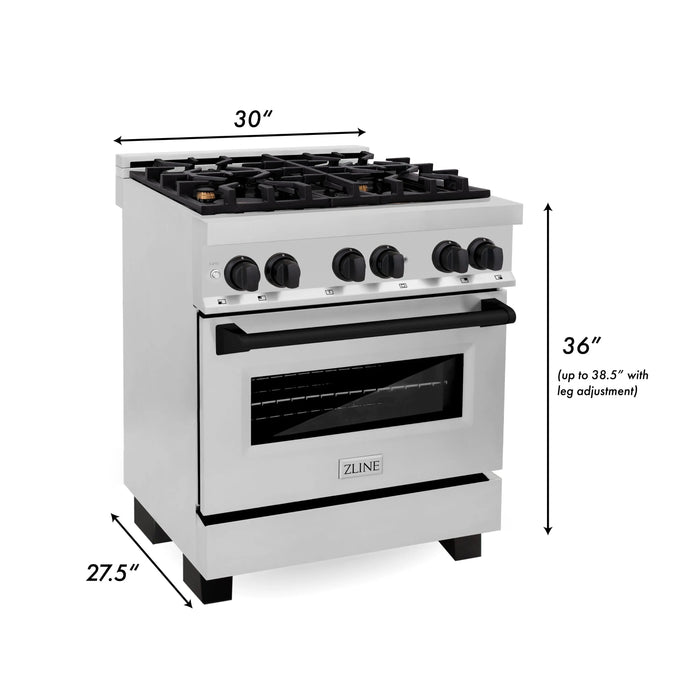 ZLINE 30" Autograph Edition Dual Fuel Range in Stainless Steel with Matte Black Accents, RAZ-30-MB ZLINE Dreamwood Living