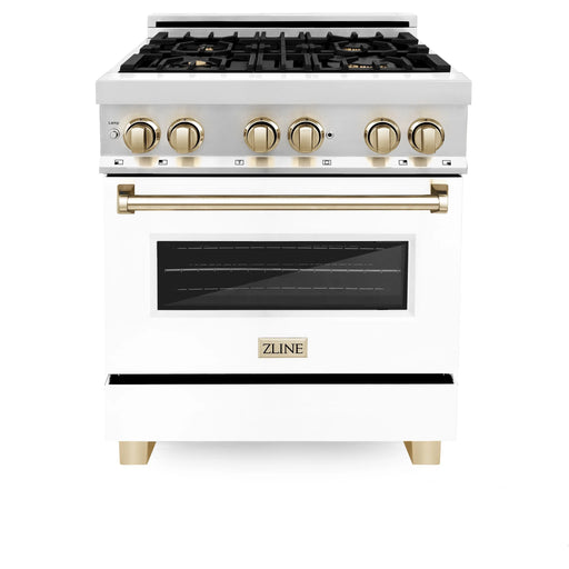 ZLINE 30" Autograph Edition Dual Fuel Range in Stainless Steel with White Matte Door and Gold Accents, RAZ-WM-30-G ZLINE