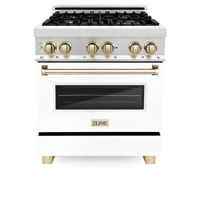 ZLINE 30" Autograph Edition Dual Fuel Range in Stainless Steel with White Matte Door and Gold Accents, RAZ-WM-30-G ZLINE