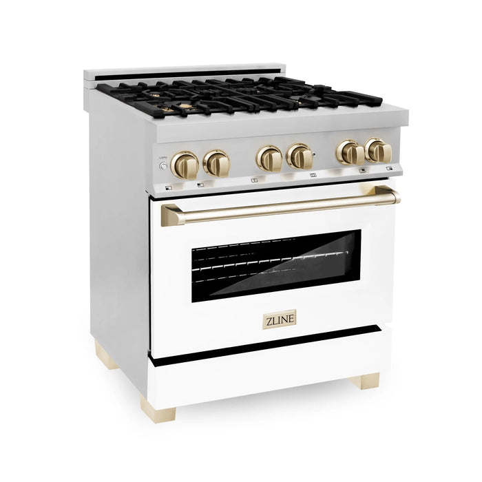 ZLINE 30" Autograph Edition Dual Fuel Range in Stainless Steel with White Matte Door and Gold Accents, RAZ-WM-30-G ZLINE