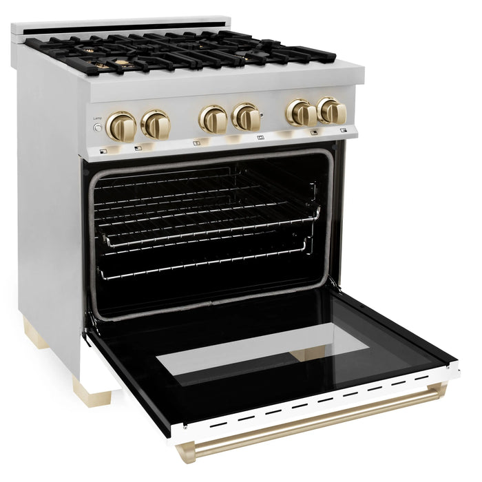 ZLINE 30" Autograph Edition Dual Fuel Range in Stainless Steel with White Matte Door and Gold Accents, RAZ-WM-30-G ZLINE