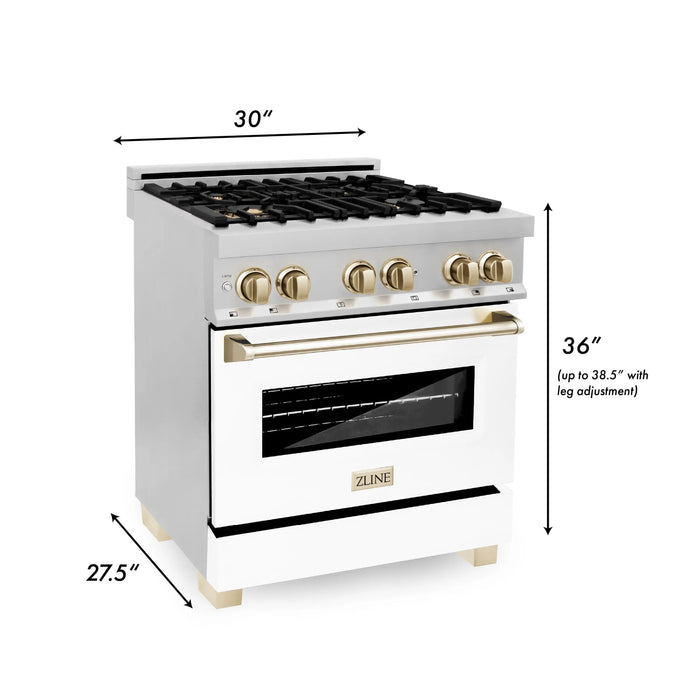 ZLINE 30" Autograph Edition Dual Fuel Range in Stainless Steel with White Matte Door and Gold Accents, RAZ-WM-30-G ZLINE