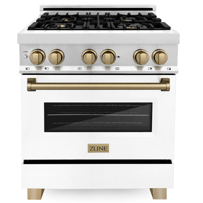 ZLINE 30" Autograph Edition Dual Fuel Range with White Matte Door and Champagne Bronze Accents, RAZ-WM-30-CB ZLINE