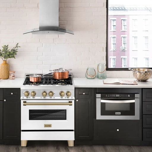ZLINE 30" Autograph Edition Dual Fuel Range with White Matte Door and Champagne Bronze Accents, RAZ-WM-30-CB ZLINE