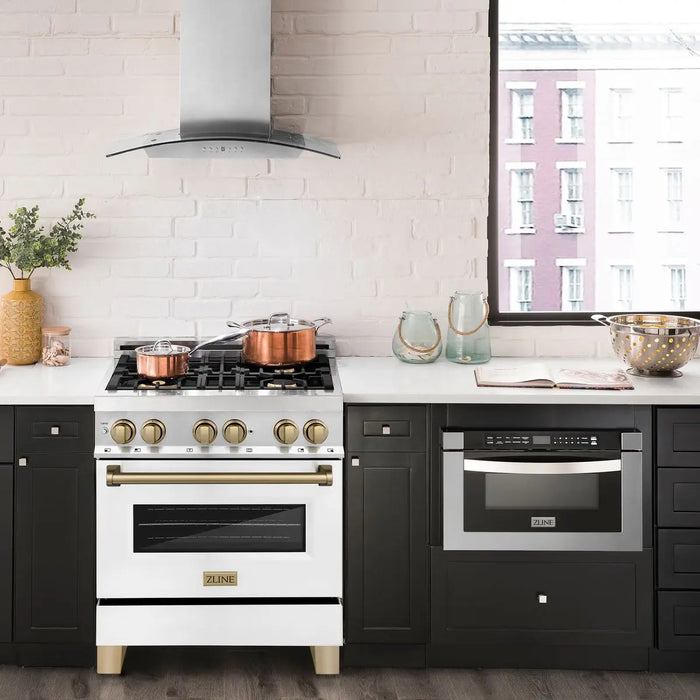 ZLINE 30" Autograph Edition Dual Fuel Range with White Matte Door and Champagne Bronze Accents, RAZ-WM-30-CB ZLINE