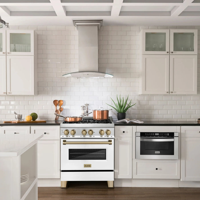 ZLINE 30" Autograph Edition Dual Fuel Range with White Matte Door and Champagne Bronze Accents, RAZ-WM-30-CB ZLINE