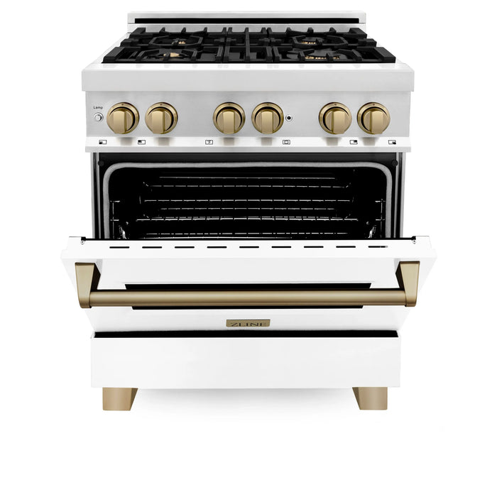 ZLINE 30" Autograph Edition Dual Fuel Range with White Matte Door and Champagne Bronze Accents, RAZ-WM-30-CB ZLINE