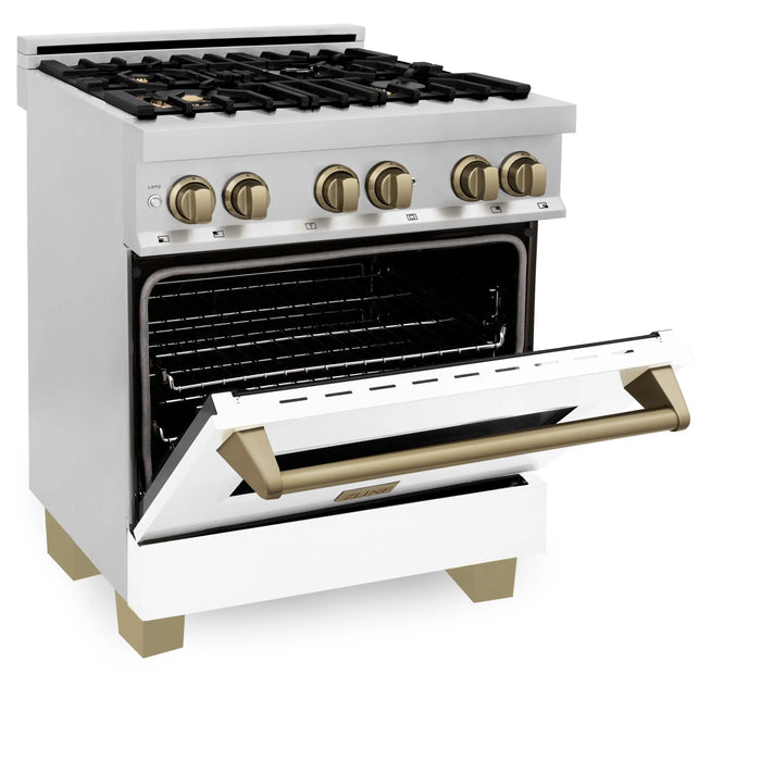 ZLINE 30" Autograph Edition Dual Fuel Range with White Matte Door and Champagne Bronze Accents, RAZ-WM-30-CB ZLINE