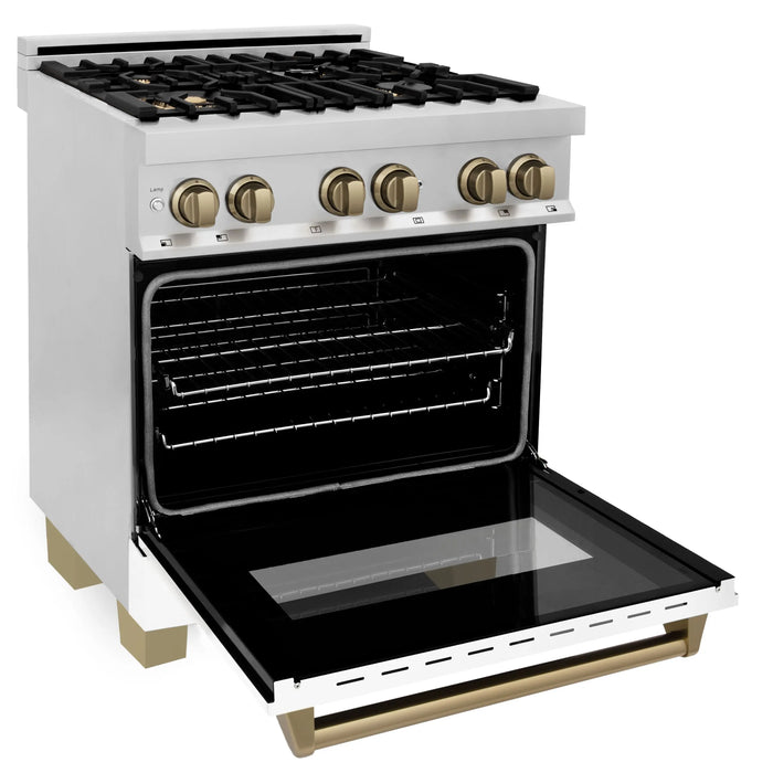 ZLINE 30" Autograph Edition Dual Fuel Range with White Matte Door and Champagne Bronze Accents, RAZ-WM-30-CB ZLINE
