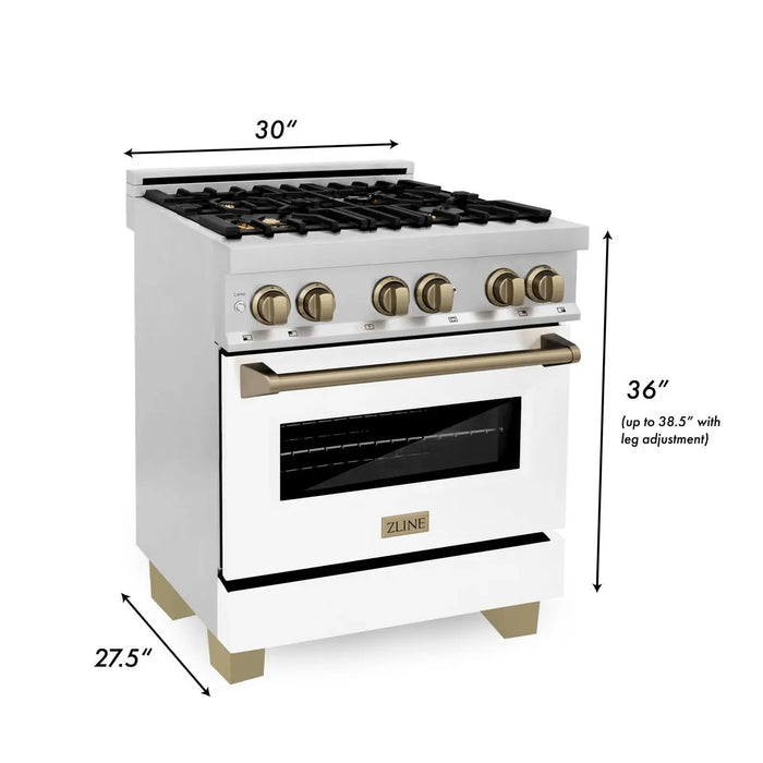 ZLINE 30" Autograph Edition Dual Fuel Range with White Matte Door and Champagne Bronze Accents, RAZ-WM-30-CB ZLINE