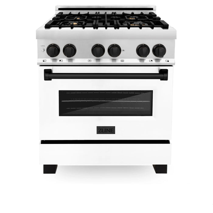 ZLINE 30" Autograph Edition Dual Fuel Range with White Matte Door and Matte Black Accents, RAZ-WM-30-M ZLINE Dreamwood Living
