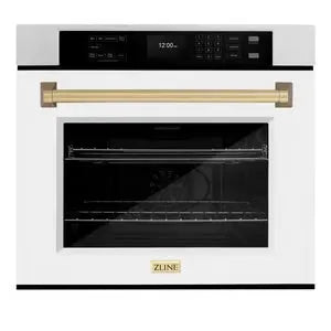 ZLINE 30" Autograph Edition Professional True Convection Single Wall Oven with Air Fry and Self Clean in DuraSnow® Stainless Steel with White Matte Door and Champagne Bronze Handle, WASSZ-WM-30-CB ZLINE Dreamwood Living