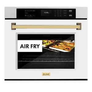 ZLINE 30" Autograph Edition Professional True Convection Single Wall Oven with Air Fry and Self Clean in DuraSnow® Stainless Steel with White Matte Door and Polished Gold Handle, WASSZ-WM-30-G ZLINE Dreamwood Living