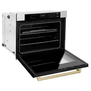 ZLINE 30" Autograph Edition Professional True Convection Single Wall Oven with Air Fry and Self Clean in Stainless Steel with White Matte Door and Champagne Bronze Handle (WASZ-WM-30-CB) ZLINE Dreamwood Living