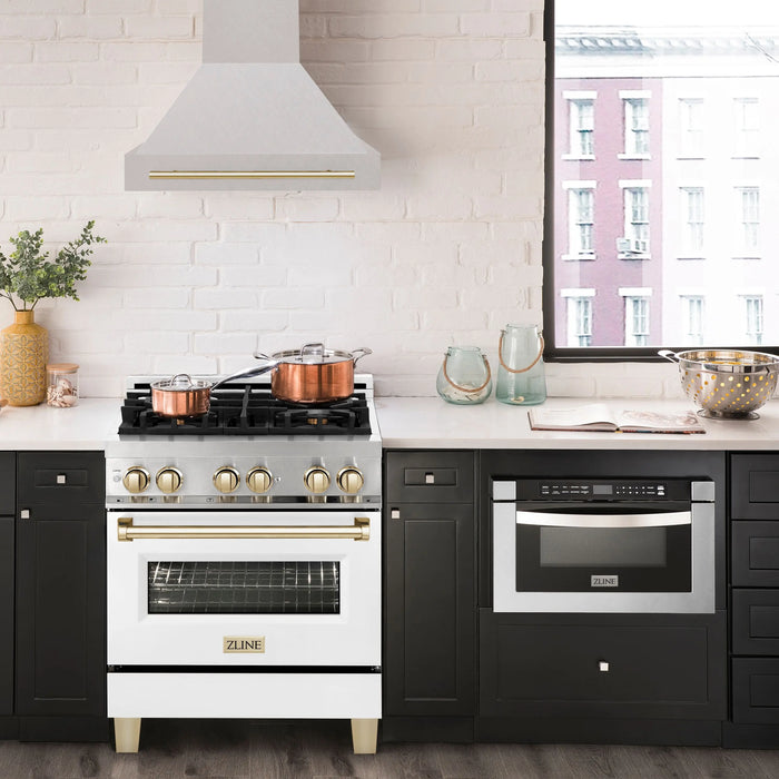 ZLINE 30" Autograph Edition Wall Mount Range Hood in DuraSnow® Stainless Steel with Gold Handle, 8654SNZ-30-G ZLINE Dreamwood Living