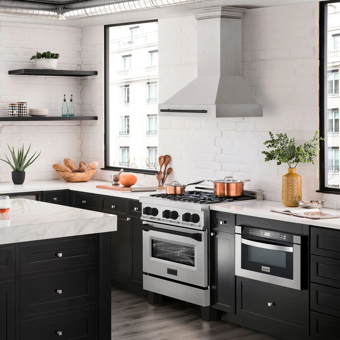 ZLINE 30" Autograph Edition Wall Mount Range Hood in DuraSnow® Stainless Steel with Matte Black Handle, 8654SNZ-30-MB ZLINE Dreamwood Living