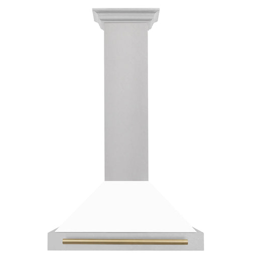 ZLINE 30" Autograph Edition Wall Mount Range Hood in DuraSnow® Stainless Steel with White Matte Shell and Champagne Bronze Handle, KB4SNZ-WM30-CB ZLINE
