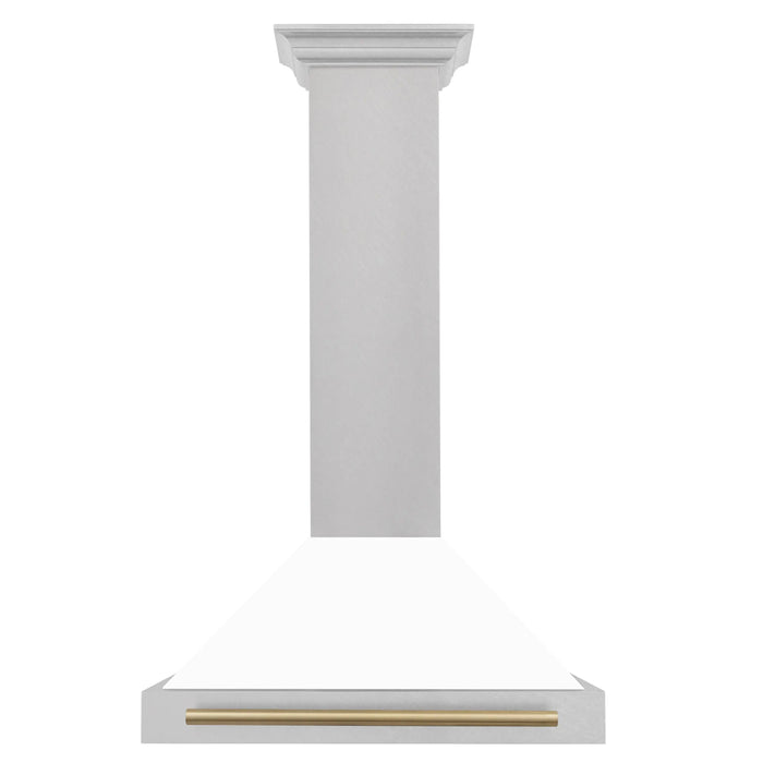 ZLINE 30" Autograph Edition Wall Mount Range Hood in DuraSnow® Stainless Steel with White Matte Shell and Champagne Bronze Handle, KB4SNZ-WM30-CB ZLINE
