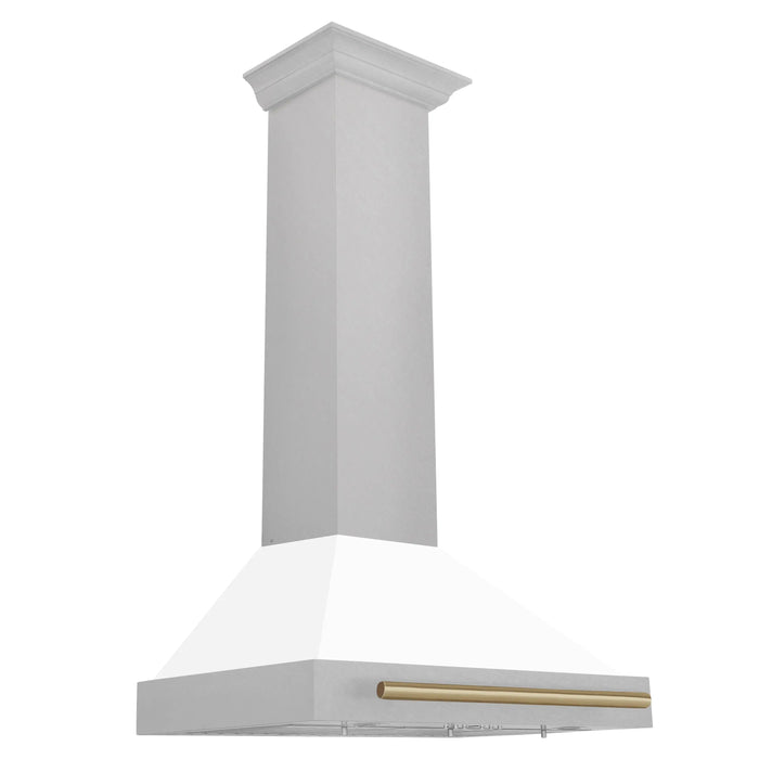 ZLINE 30" Autograph Edition Wall Mount Range Hood in DuraSnow® Stainless Steel with White Matte Shell and Champagne Bronze Handle, KB4SNZ-WM30-CB ZLINE