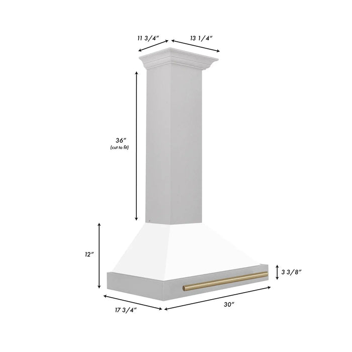 ZLINE 30" Autograph Edition Wall Mount Range Hood in DuraSnow® Stainless Steel with White Matte Shell and Champagne Bronze Handle, KB4SNZ-WM30-CB ZLINE