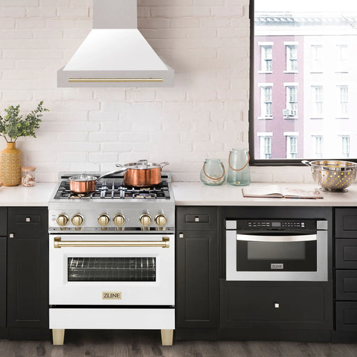 ZLINE 30" Autograph Edition Wall Mount Range Hood in DuraSnow® Stainless Steel with White Matte Shell and Gold Handle, 8654SNZ-WM30-G ZLINE Dreamwood Living