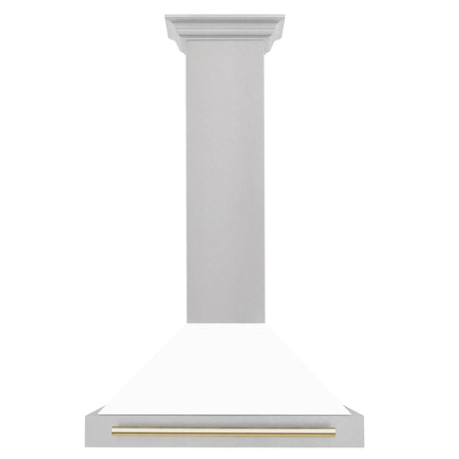 ZLINE 30" Autograph Edition Wall Mount Range Hood in DuraSnow® Stainless Steel with White Matte Shell and Gold Handle, KB4SNZ-WM30-G ZLINE Dreamwood Living