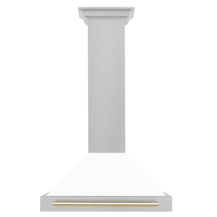 ZLINE 30" Autograph Edition Wall Mount Range Hood in DuraSnow® Stainless Steel with White Matte Shell and Gold Handle, KB4SNZ-WM30-G ZLINE Dreamwood Living