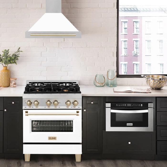 ZLINE 30" Autograph Edition Wall Mount Range Hood in DuraSnow® Stainless Steel with White Matte Shell and Gold Handle, KB4SNZ-WM30-G ZLINE Dreamwood Living